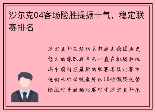 沙尔克04客场险胜提振士气，稳定联赛排名
